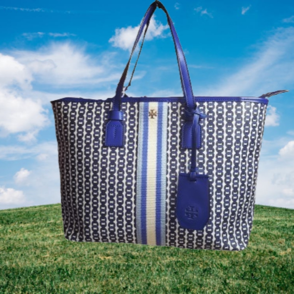 Tory Burch Gemini Link Jewel Blue and White Canvas Stripe Tote Bag